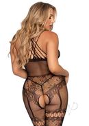 Leg Avenue Net And Lace Strappy Halter Bodystocking With Rhinestone Accents - O/s - Black